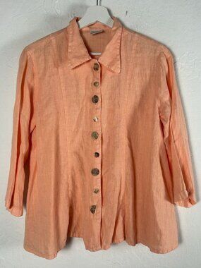 Click By Color Me Cotton Womens Linen Peach Button-Front Shirt Small 3/4 Sleeve